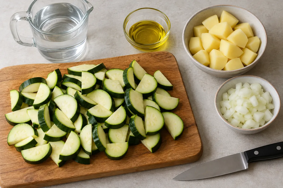 Calabacín en medias rodajas con piel, patata en dados, cebolla picada, aceite y agua separados.