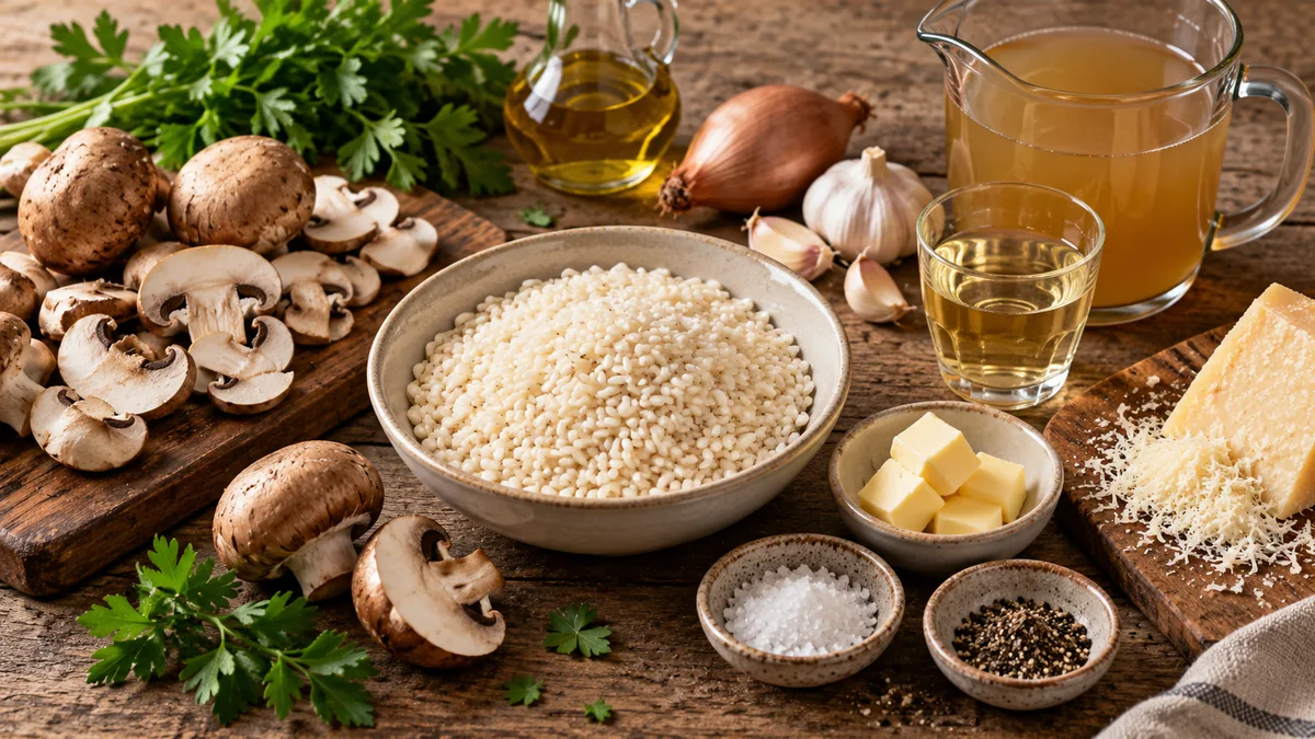 Ingredientes para risotto de setas: arroz arborio, champiñones, caldo, cebolla, mantequilla y parmesano