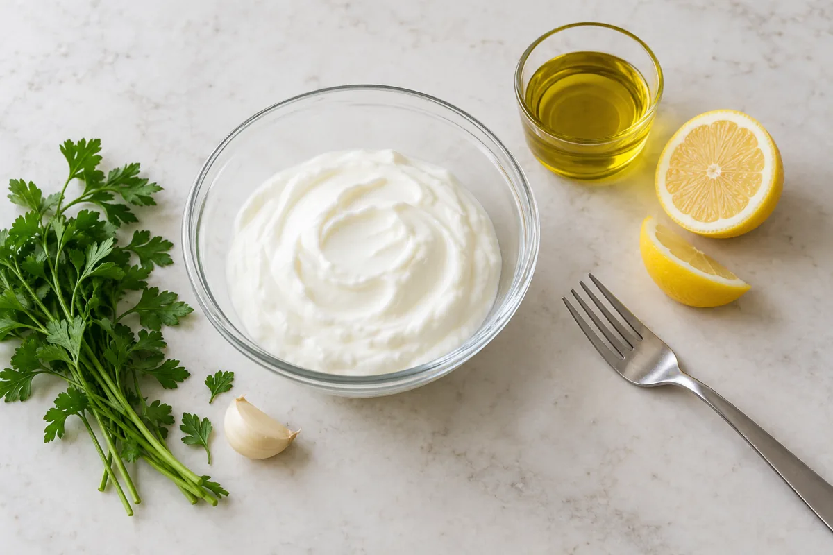 Yogur natural, aceite de oliva, limón, ajo y perejil preparados junto a un tenedor para mezclar.