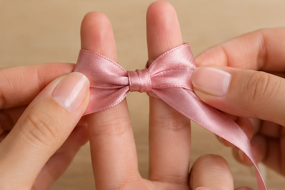 Dos manos ajustan el centro de un lazo rosa sujeto alrededor de dos dedos