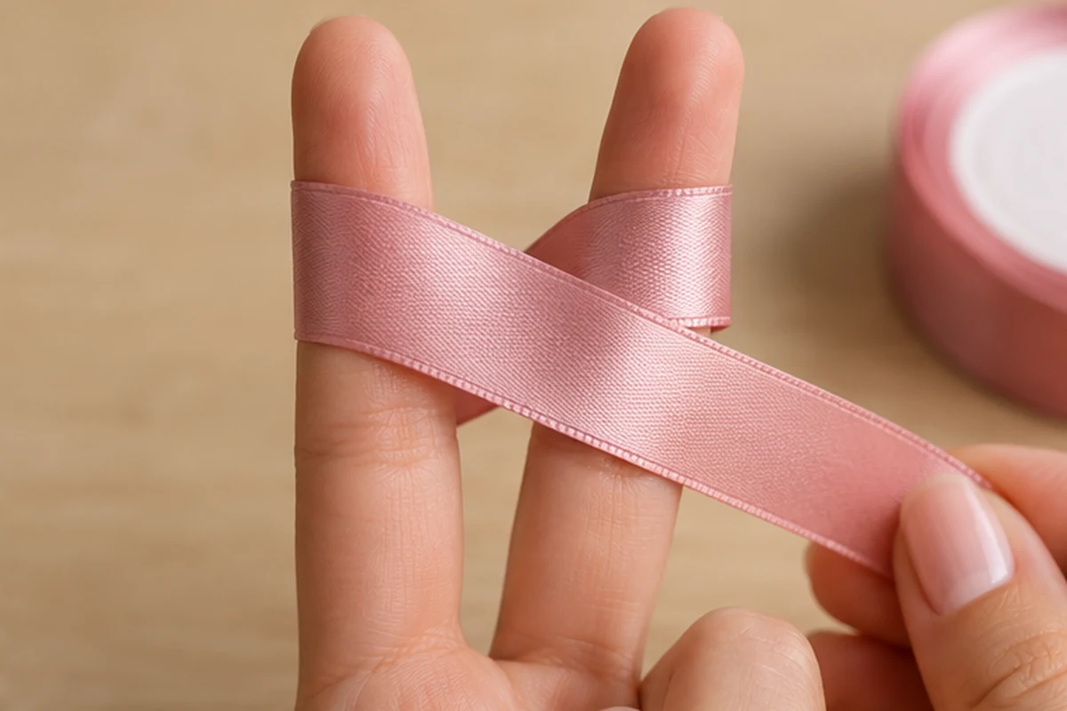 Cinta rosa cruzada alrededor de los dedos índice y medio al comenzar un lazo