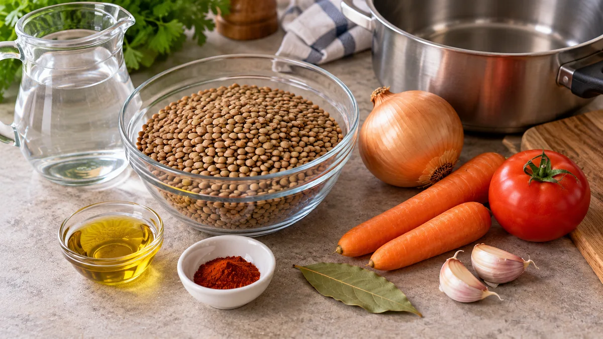 Lentejas pardinas secas y verduras para preparar guiso en olla