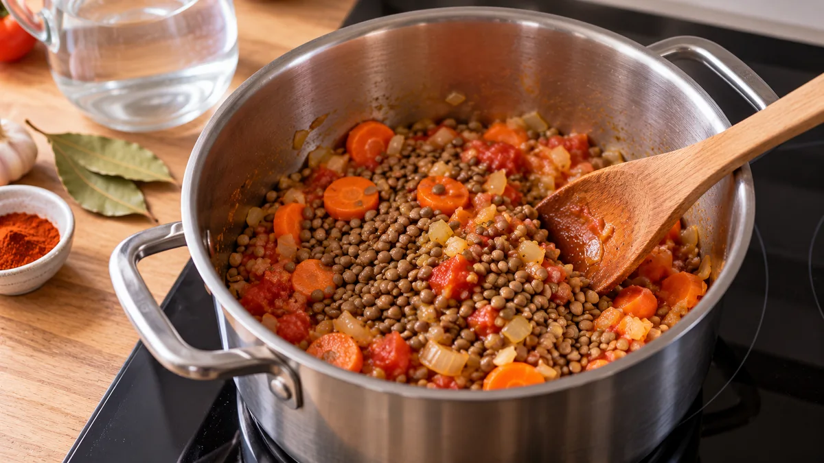Lentejas pardinas mezcladas con sofrito de verduras en una olla