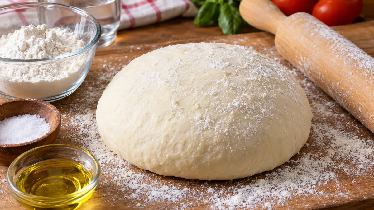 Bola de masa de pizza con harina y aceite de oliva sobre una mesa de cocina