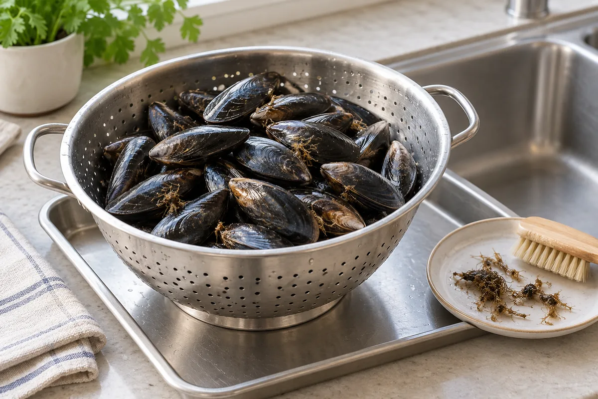 Mejillones con conchas cerradas y cepillo para retirar suciedad y barbas