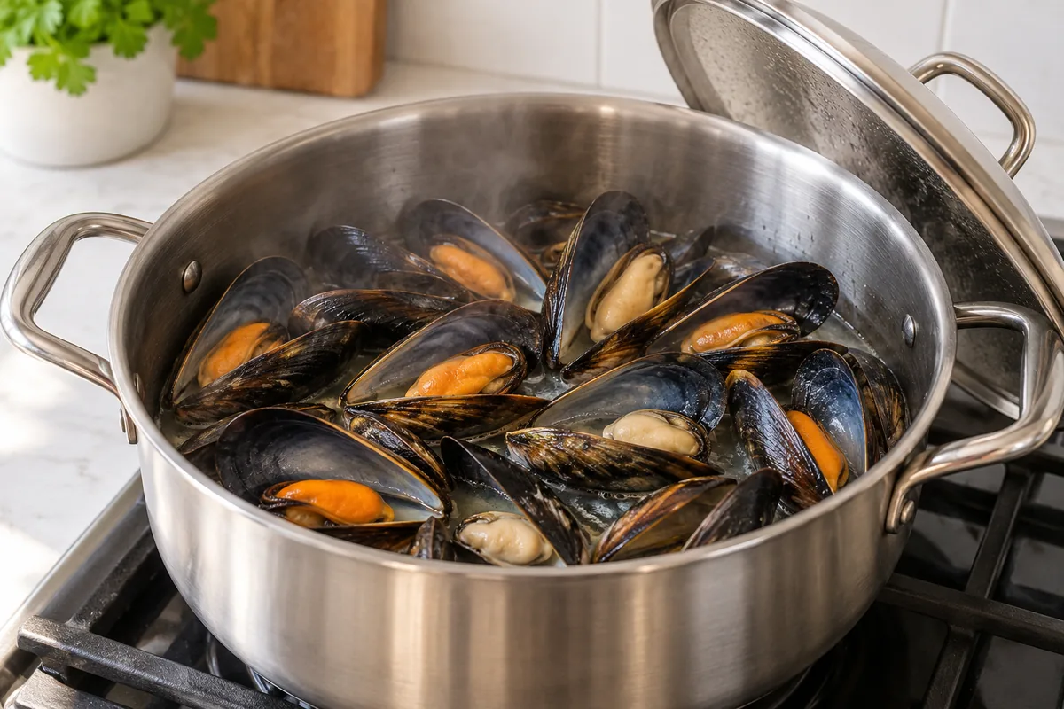 Mejillones abiertos durante la cocción en una cazuela amplia