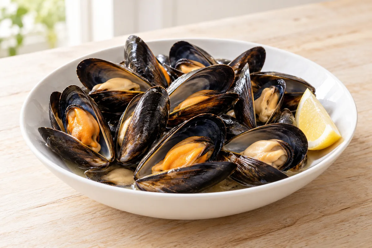 Mejillones al vapor servidos con un gajo de limón