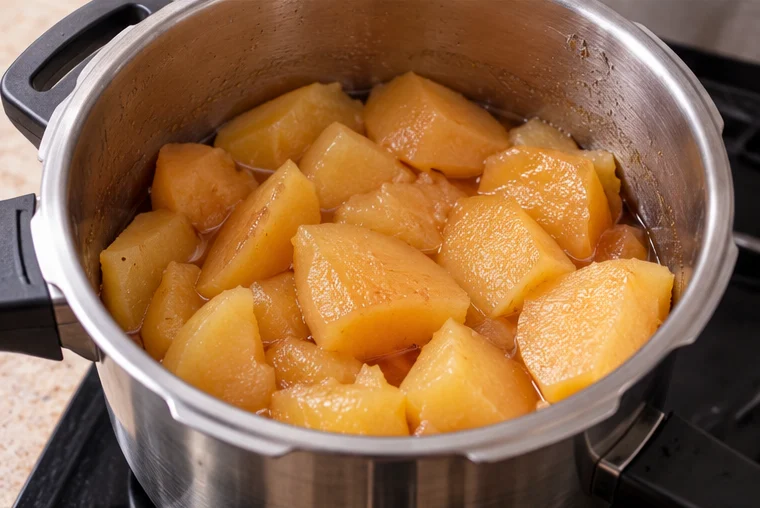 Membrillos cocidos y tiernos en una olla metálica