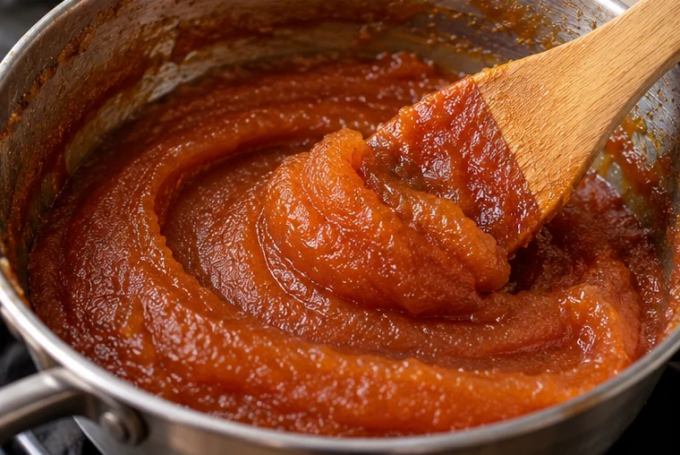 Puré rojizo y espeso de dulce de membrillo removido en una cazuela