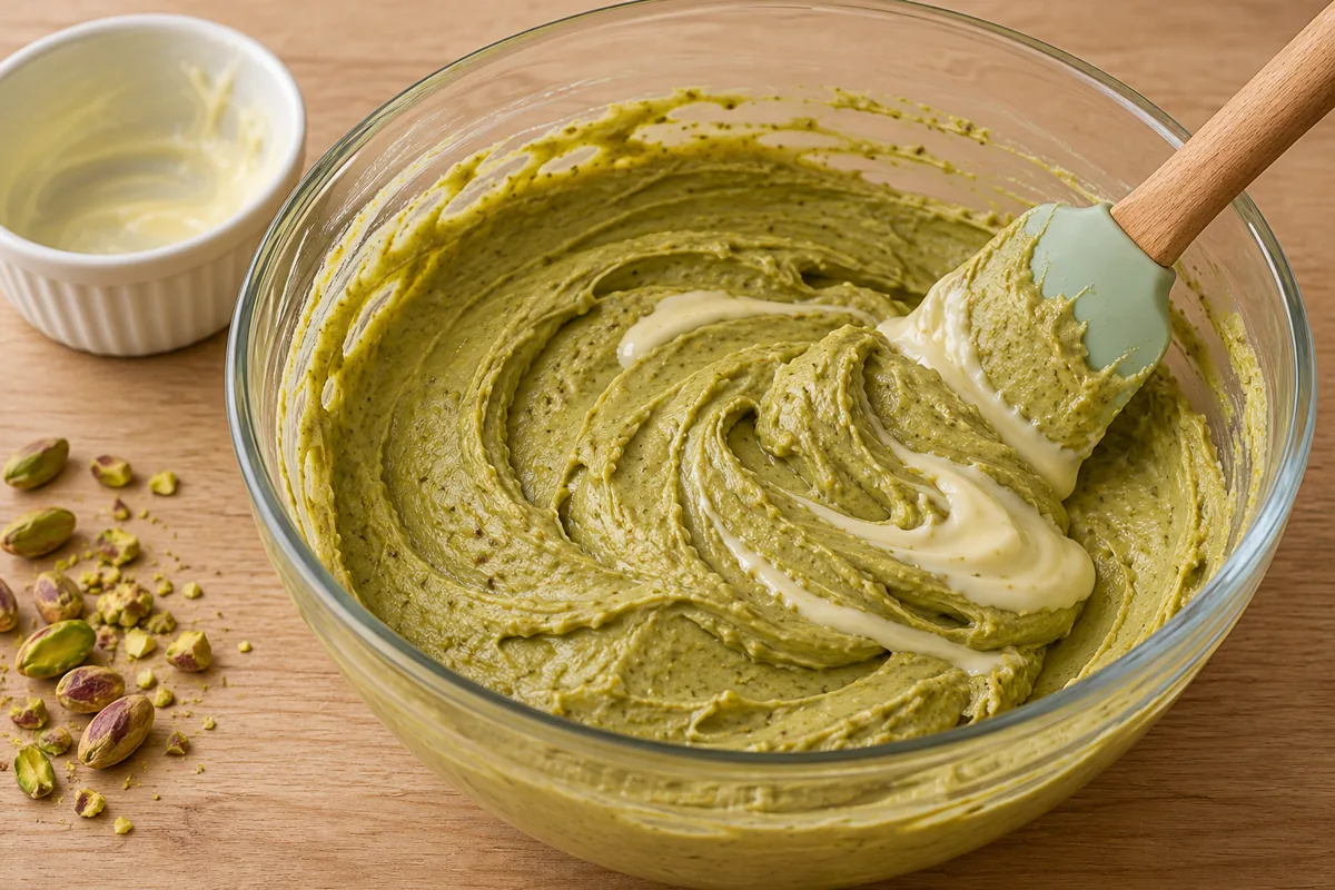 Espátula mezclando pasta de pistacho con una pequeña cantidad de chocolate blanco fundido