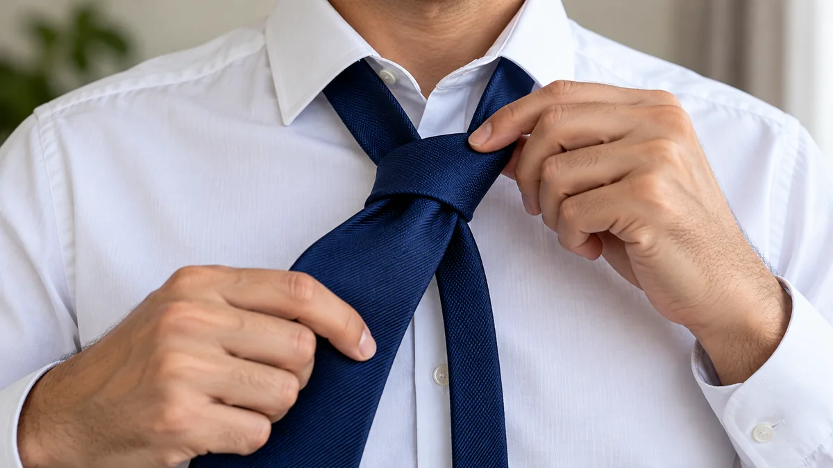 Ajuste final del nudo de corbata azul con las manos junto al cuello
