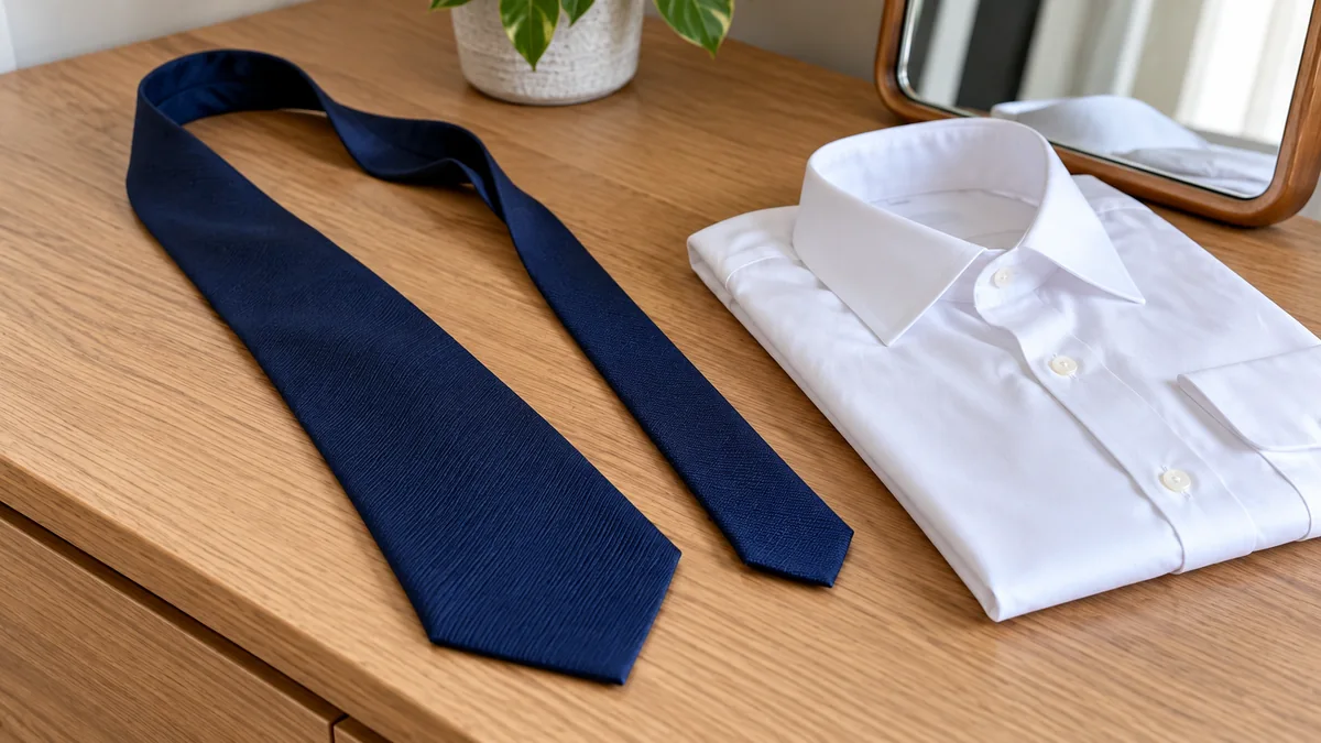 Corbata azul con pala ancha y estrecha junto a camisa blanca antes de anudar