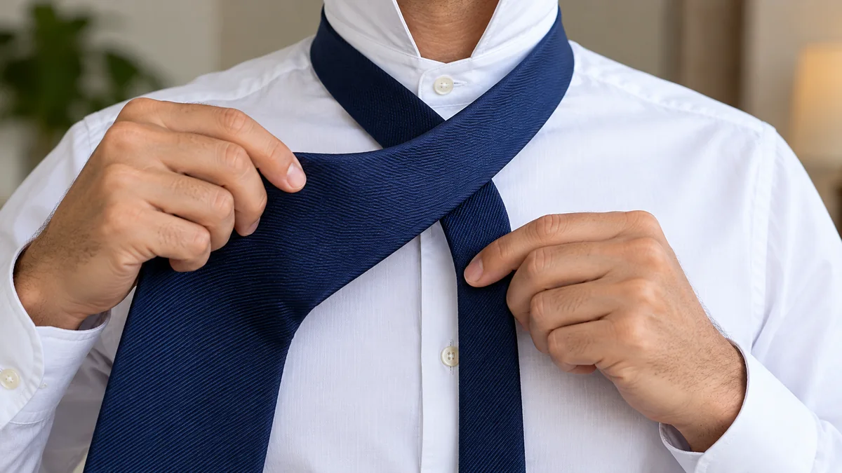 Cruce inicial de la pala ancha sobre la estrecha al hacer el nudo de corbata
