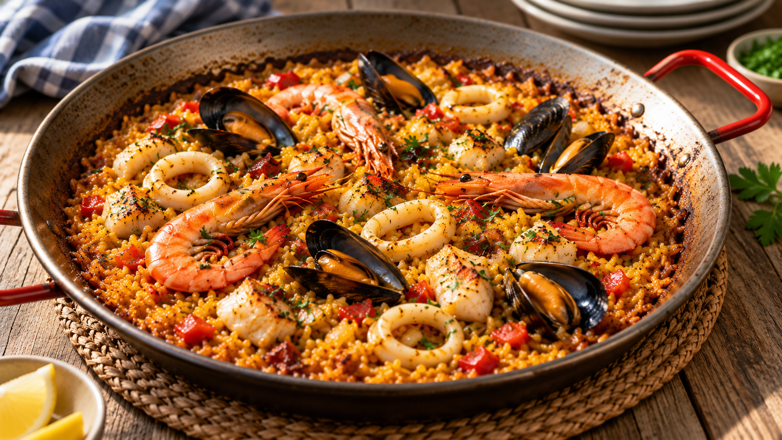 Paella de marisco con arroz dorado, gambas, mejillones y calamar al final de la cocción.