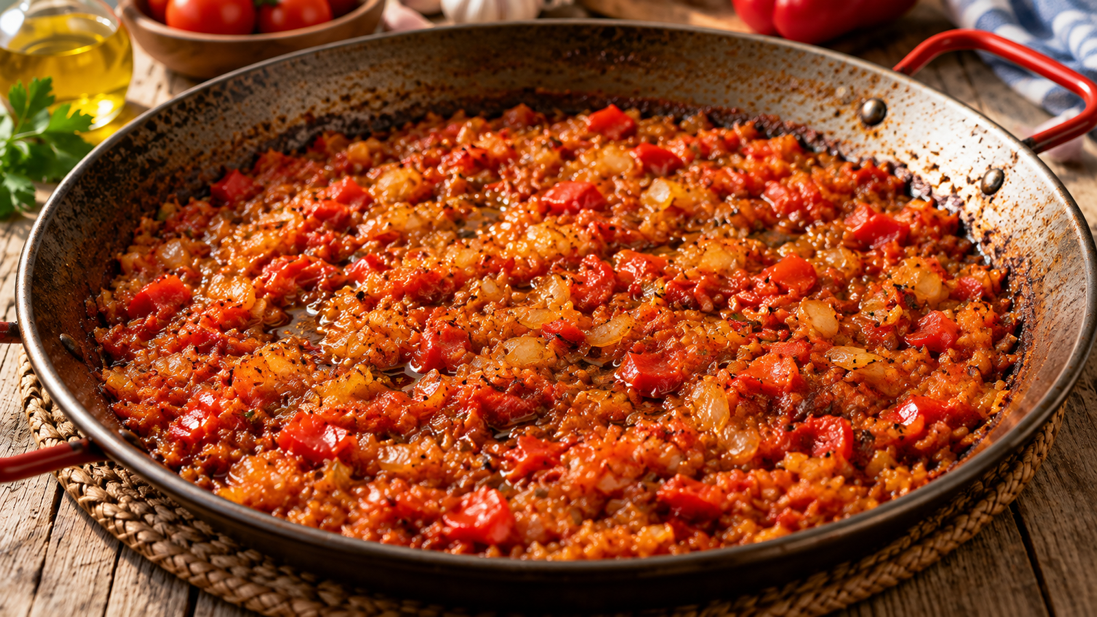 Sofrito de tomate y cebolla reducido en una paellera.