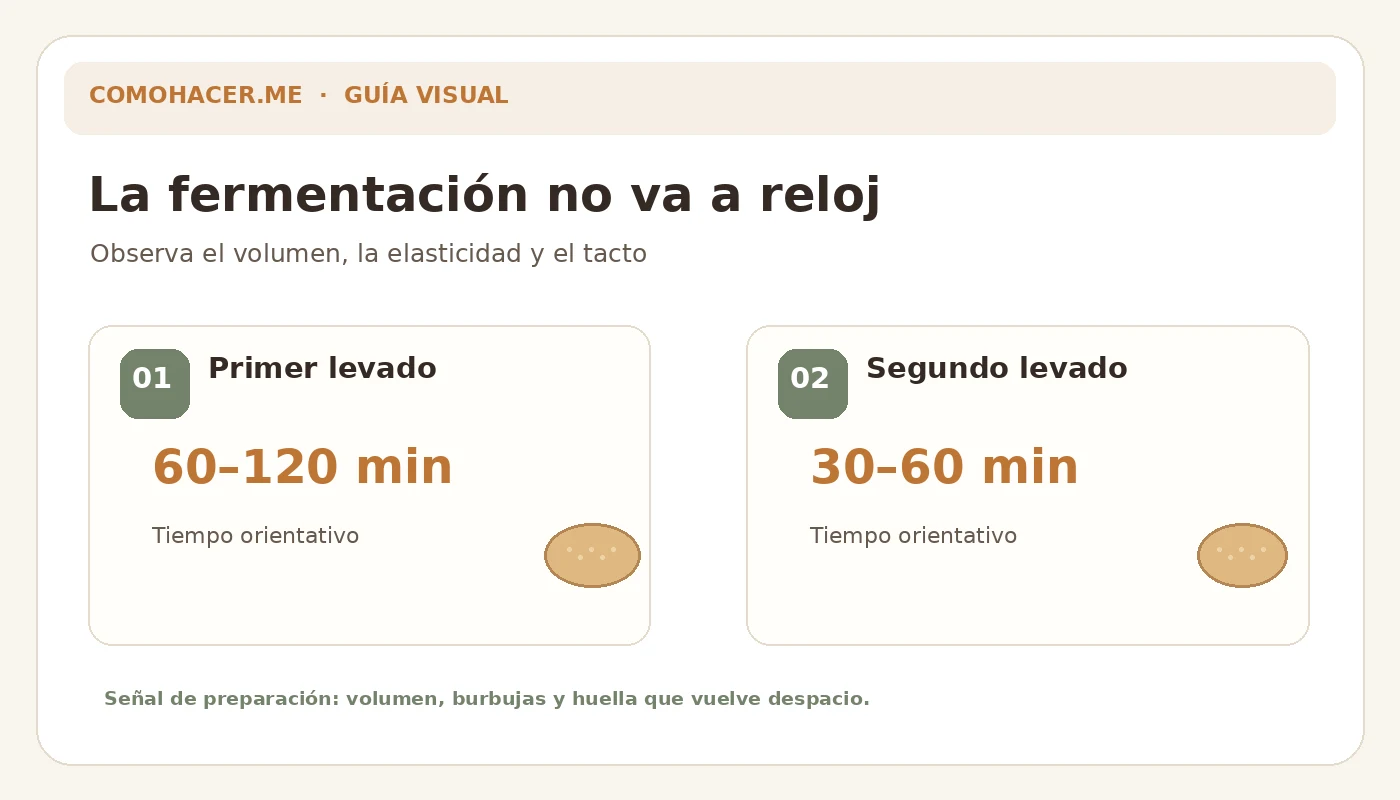 Infografía sobre las dos fermentaciones del pan: 60 a 120 minutos y 30 a 60 minutos, según la temperatura