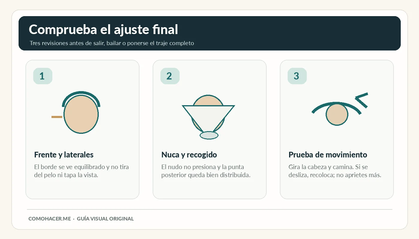 Infografía para comprobar pañuelo de cabeza del traje de casera: frente, nuca y comodidad al girar la cabeza