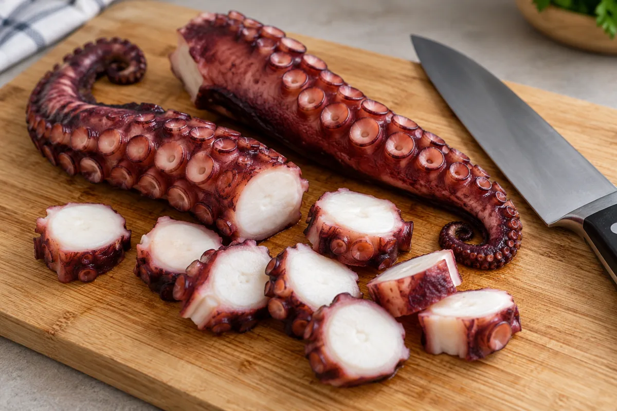 Tentáculos de pulpo ya cocido y rodajas sobre una tabla de cortar