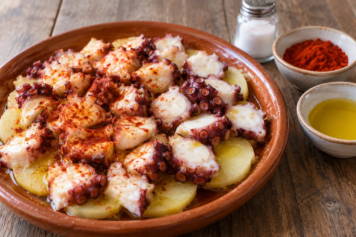 Pulpo cocido y patatas aliñados con pimentón junto a aceite y sal