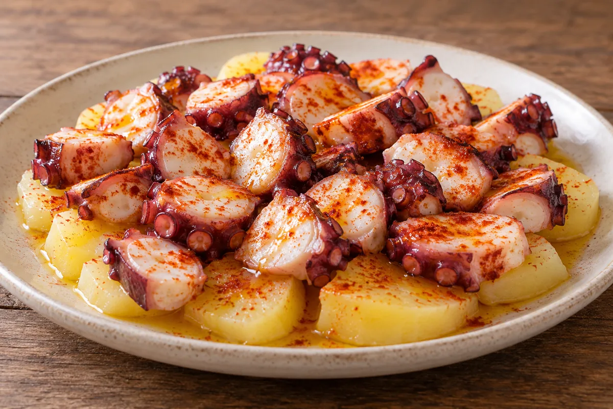 Rodajas de pulpo cocido sobre patatas con pimentón y aceite de oliva