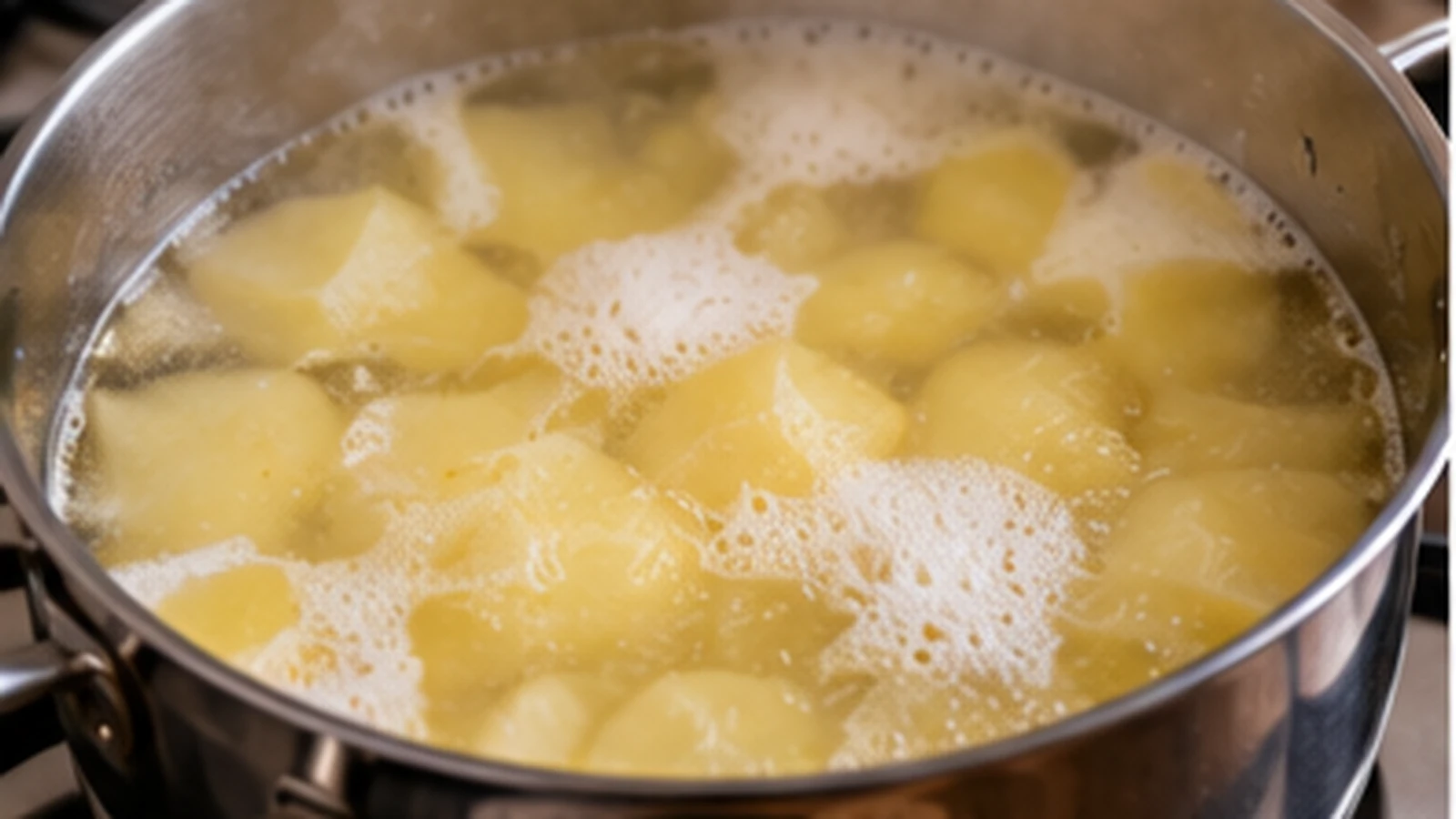 Trozos de patata cociéndose en agua antes de preparar el puré.