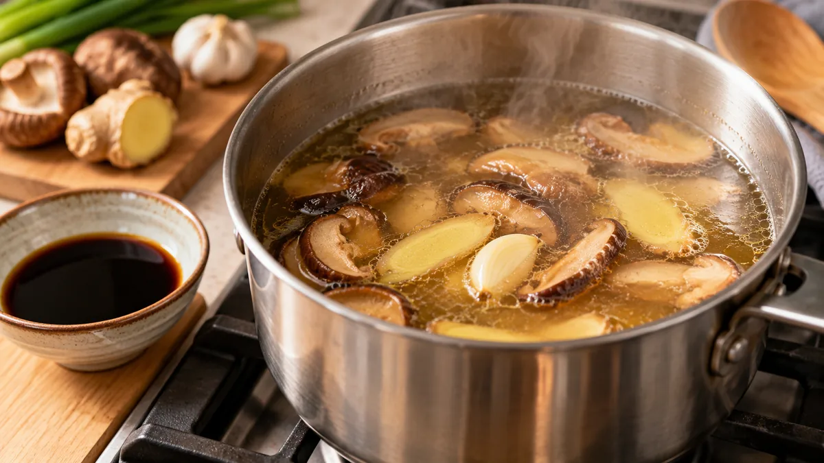 Caldo aromático de ramen con setas shiitake, ajo y jengibre calentándose en una olla