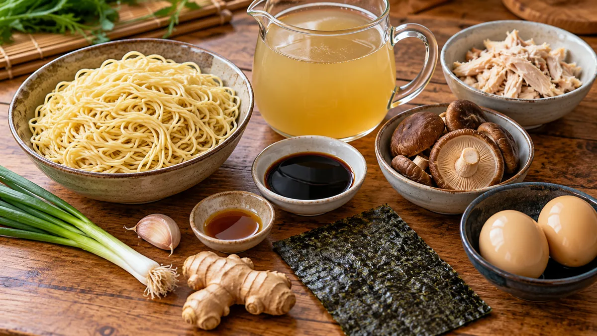 Ingredientes separados para ramen: fideos, caldo, pollo, setas, salsa de soja, huevos y nori