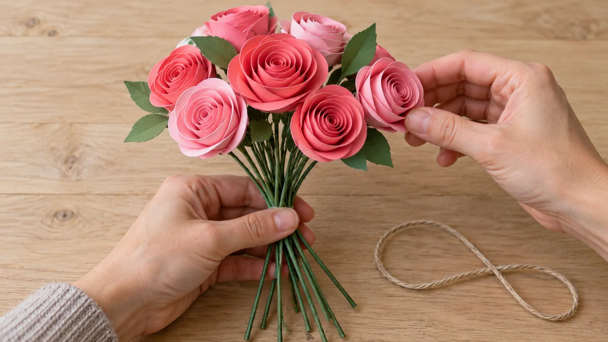 Manos distribuyendo las rosas de papel y reuniendo los tallos del ramo