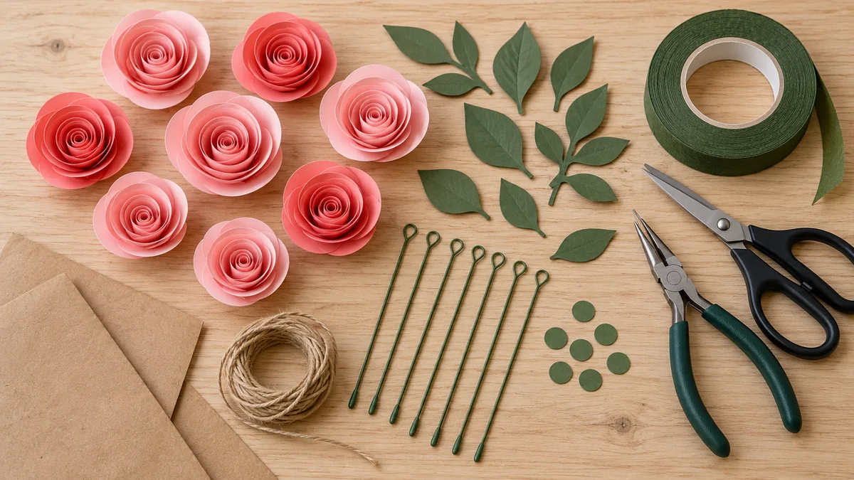 Rosas de papel, alambres forrados, hojas, cinta floral y herramientas para montar un ramo