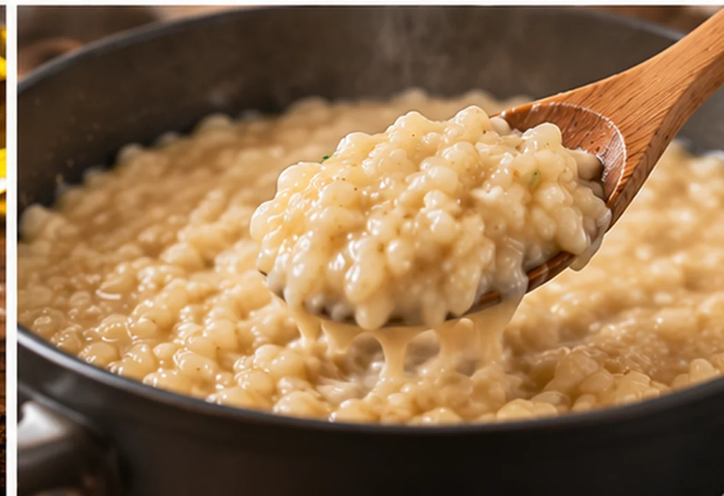 Risotto cremoso en la cazuela: arroz ligado al remover con una cuchara