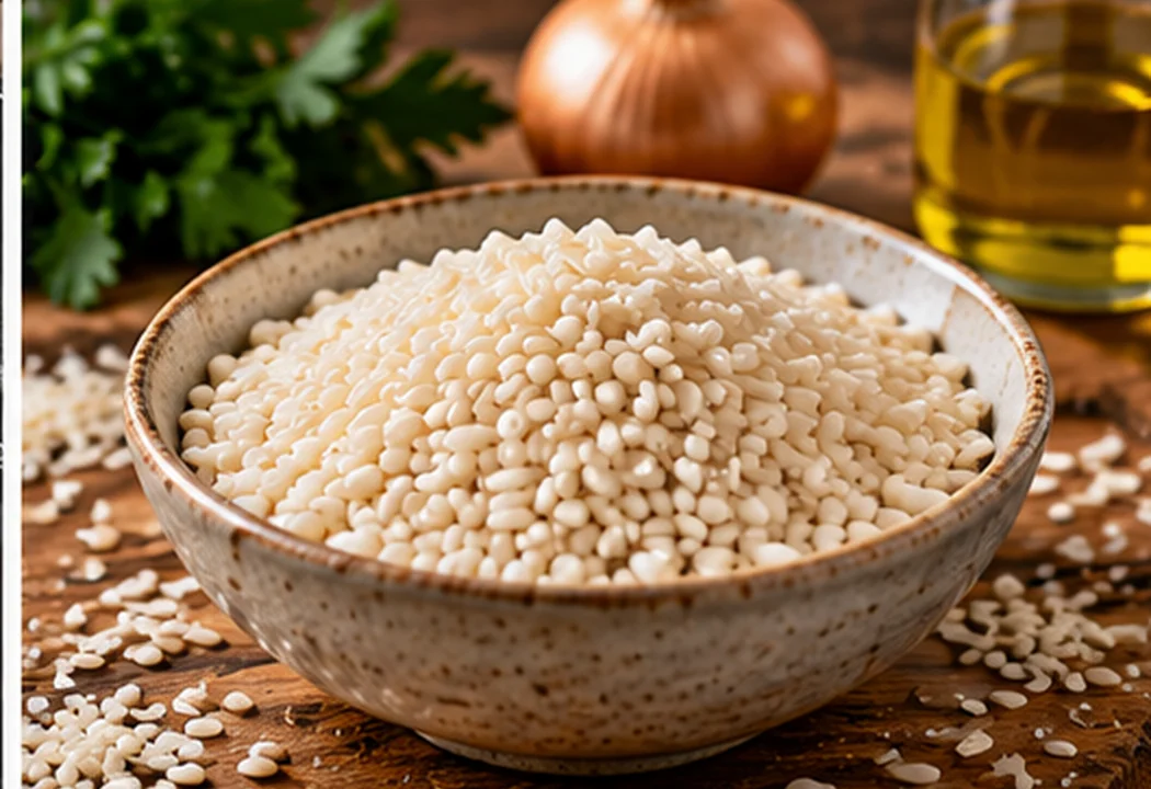 Arroz arborio sin cocer con cebolla y aceite para preparar un risotto cremoso