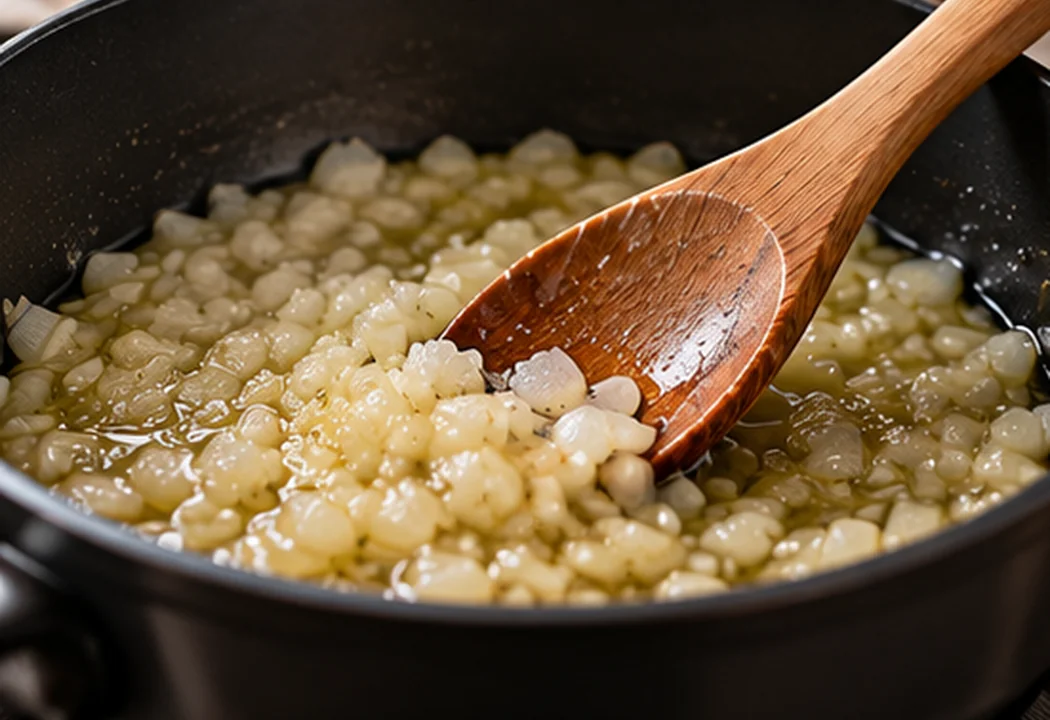 Cebolla picada cocinándose a fuego suave en aceite de oliva para la base del risotto