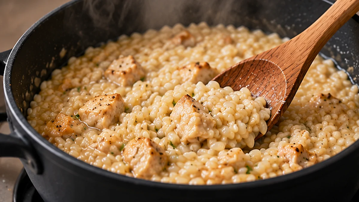 Risotto cremoso con trozos de pollo durante su cocción en la cazuela