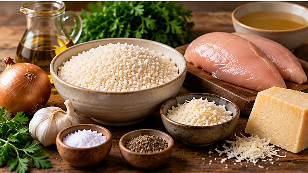 Ingredientes para preparar risotto de pollo: arroz arborio, pechuga de pollo cruda, caldo, cebolla y parmesano