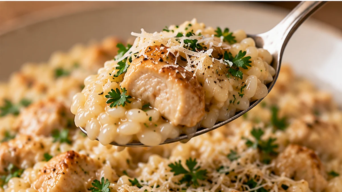 Cucharada de risotto cremoso con dados de pollo y parmesano