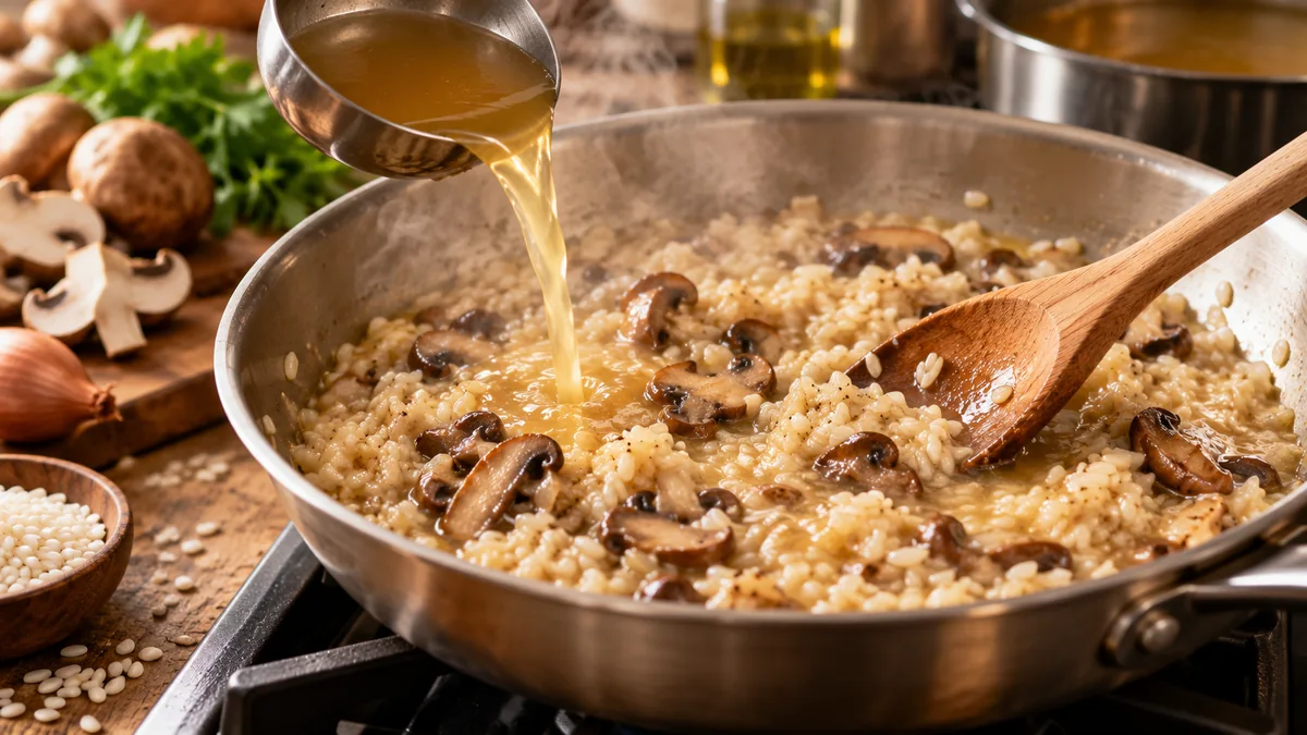 Caldo caliente vertiéndose sobre el arroz y las setas durante la cocción del risotto