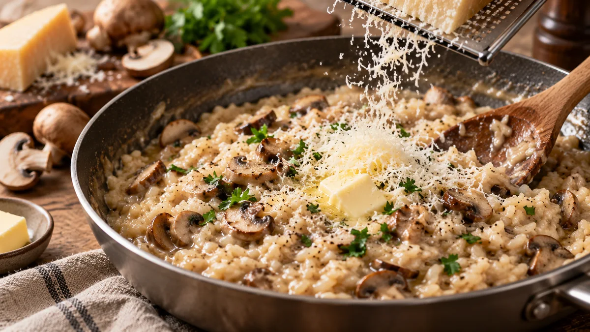 Risotto de setas en la sartén durante el mantecado con mantequilla y queso parmesano