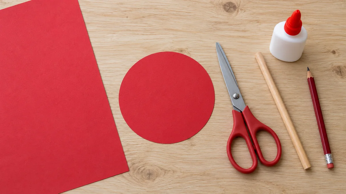 Círculo de papel rojo, tijeras y pegamento para preparar una rosa