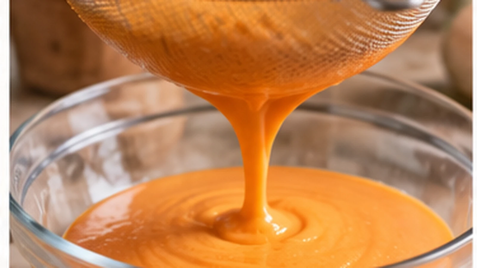 Salmorejo pasando por un colador fino para retirar pieles y obtener una textura más fina.