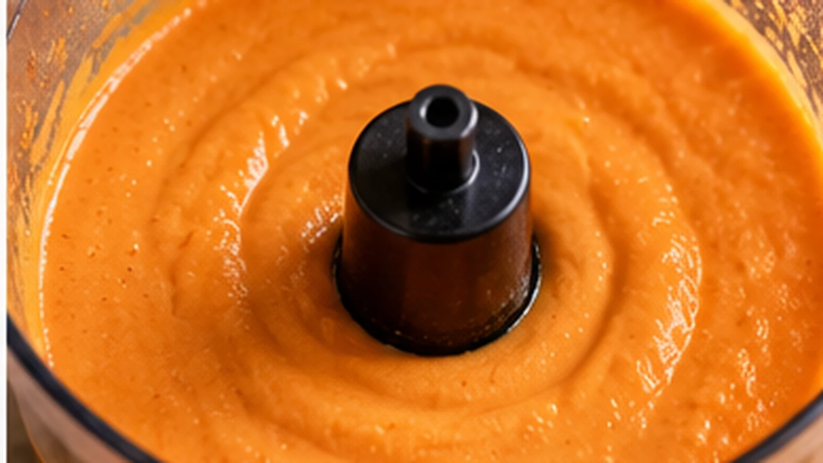 Salmorejo triturado hasta obtener una crema uniforme antes de añadir la guarnición.