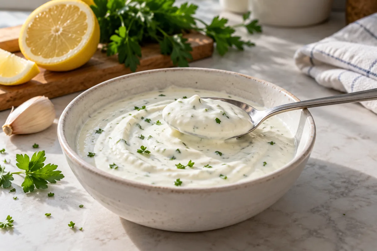Salsa de yogur espesa con perejil en un cuenco y una cucharada que conserva un pequeño relieve.