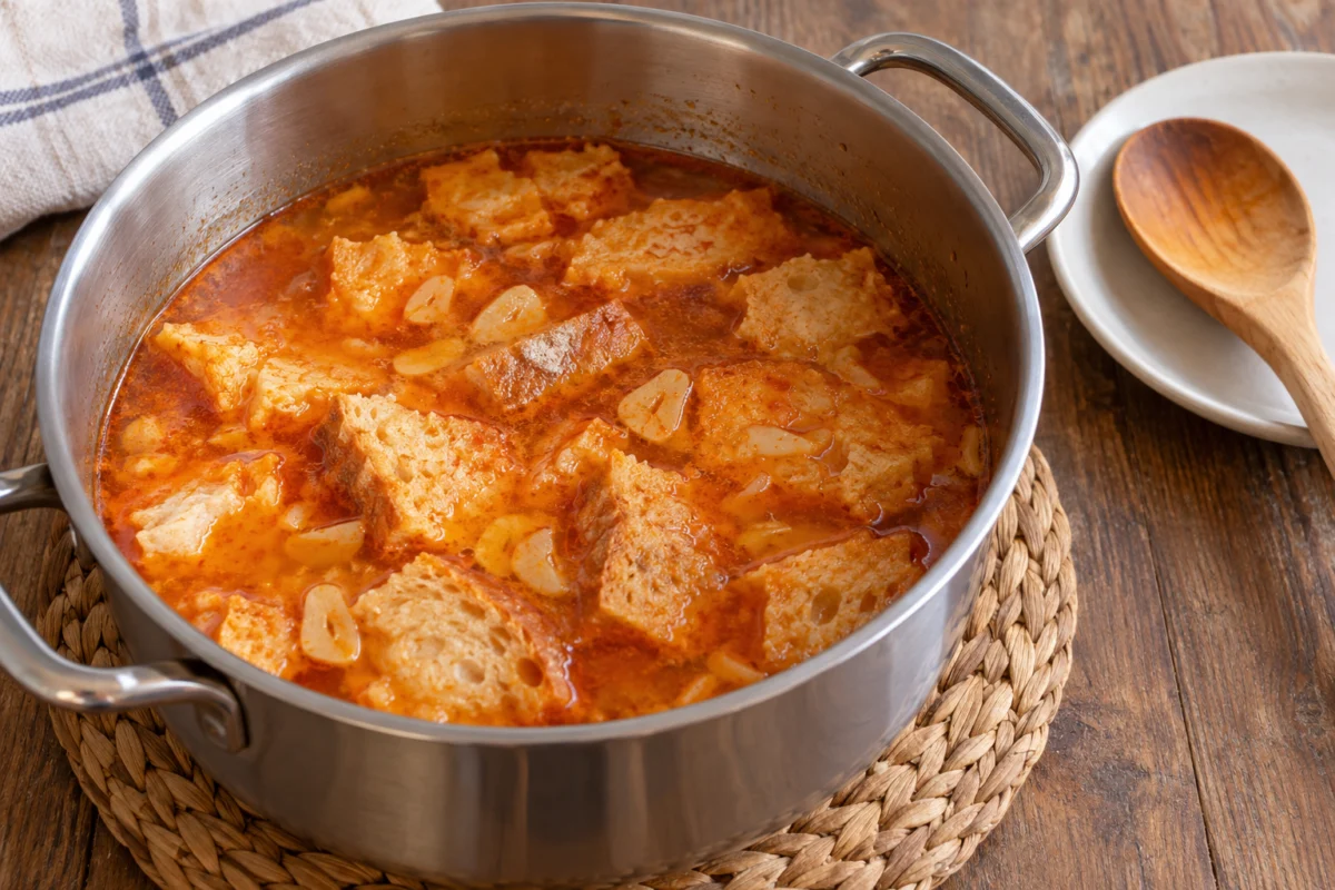 Cazuela de sopa de ajo con caldo rojizo y pan remojado antes del huevo