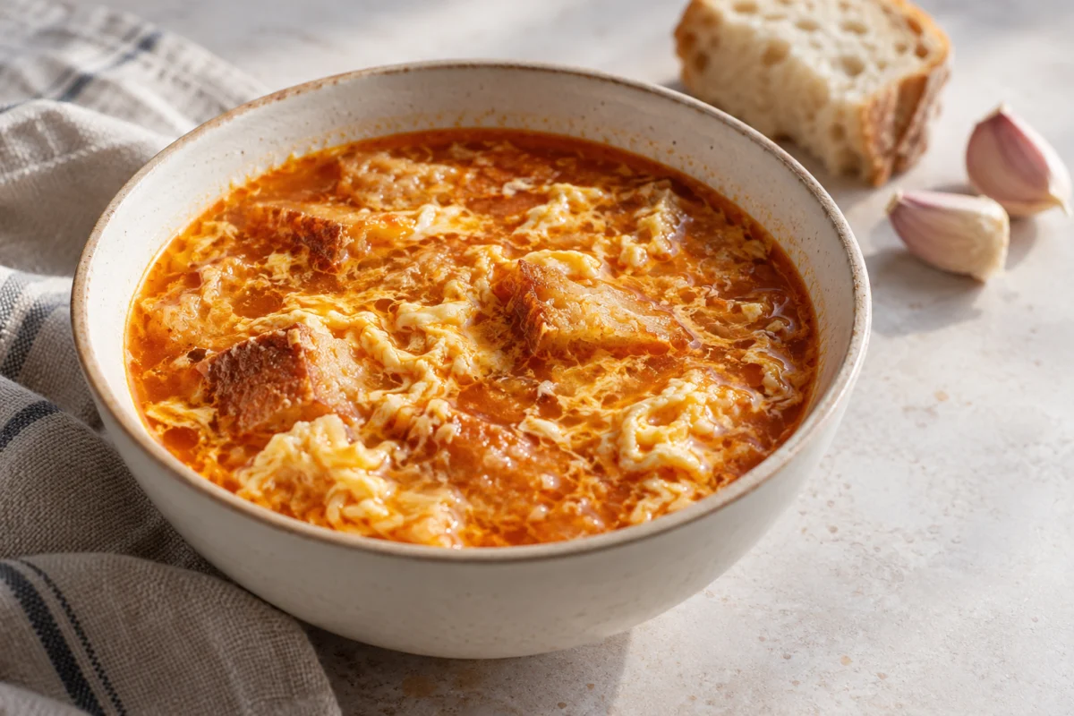 Cuenco de sopa de ajo con pan remojado y hebras de huevo cuajado