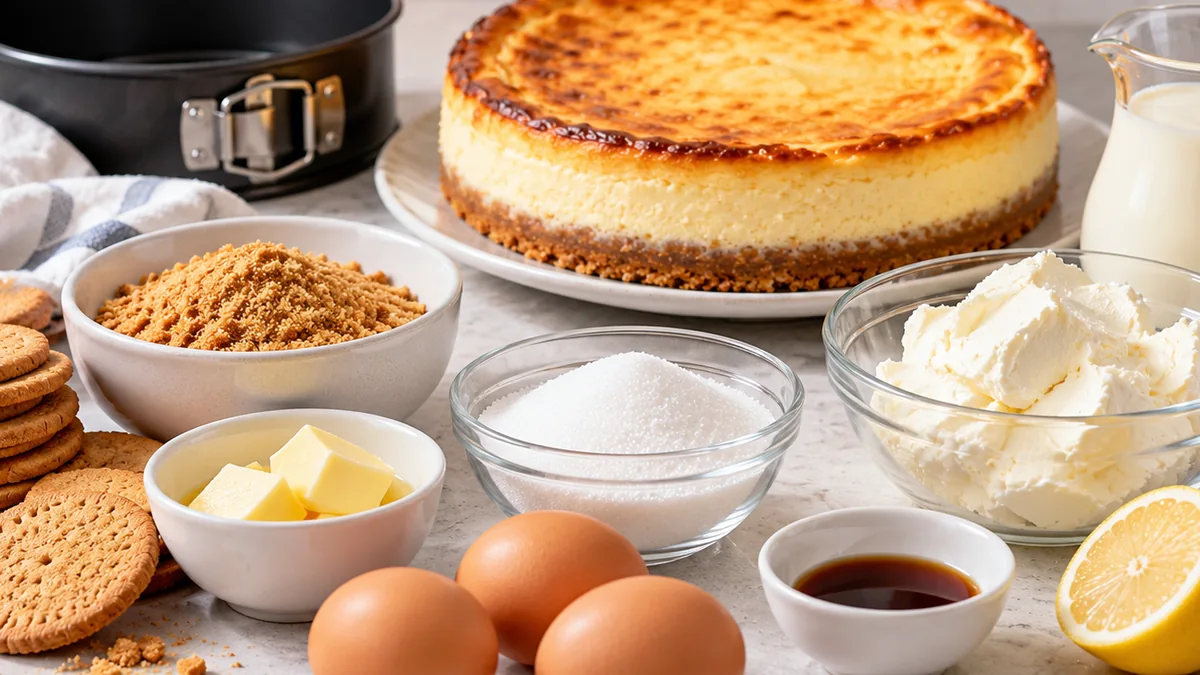 Tarta de queso horneada y dorada antes de enfriar y desmoldar