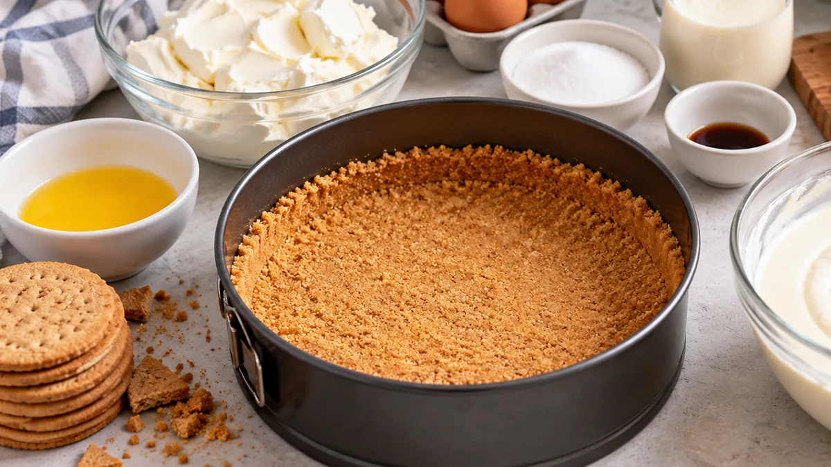 Molde con base de galleta y los ingredientes para preparar tarta de queso