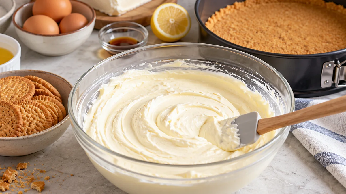 Crema de queso mezclada con espátula junto al molde con base de galleta