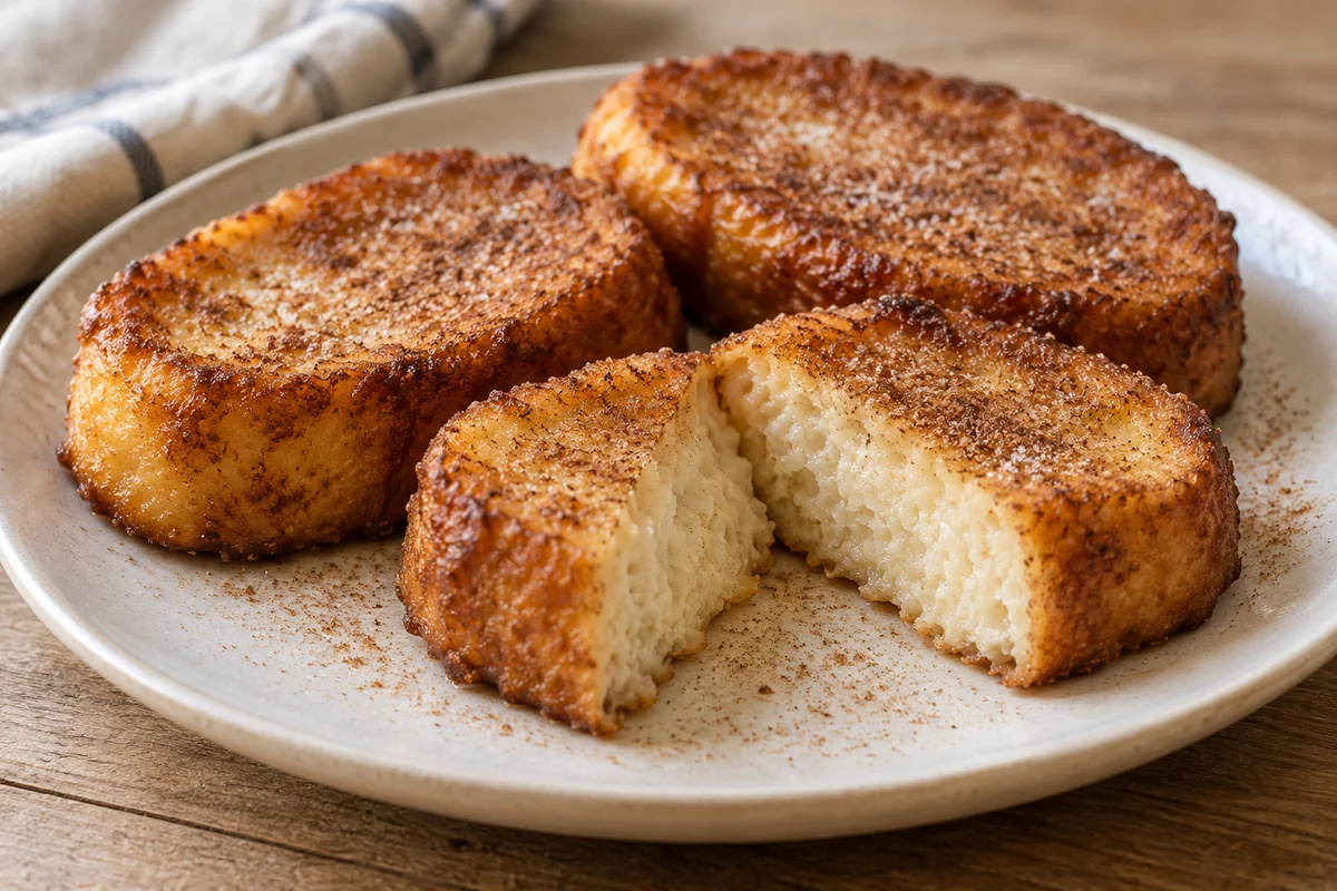 Torrijas de leche doradas con azúcar y canela y una porción cortada que muestra la miga húmeda.