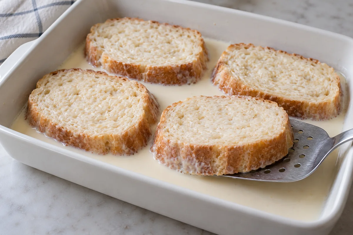 Rebanadas de pan en una sola capa dentro de una fuente con leche y una espátula ancha bajo una de ellas.