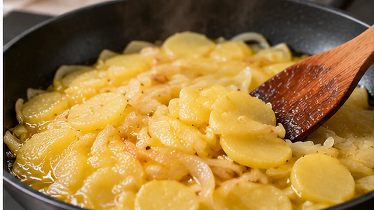 Patatas en rodajas y cebolla ablandándose en aceite dentro de una sartén