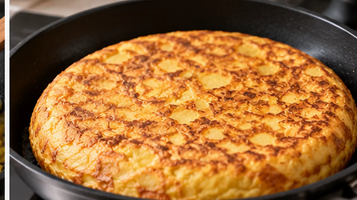 Tortilla de patatas dorada dentro de una sartén antiadherente tras darle la vuelta